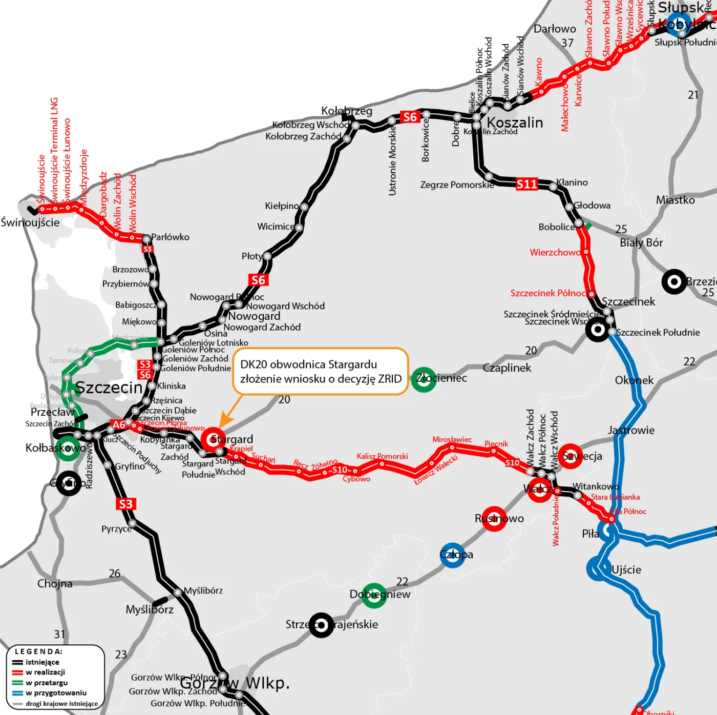 Mapa regionu z zaznaczeniem obwodnicy Stargardu