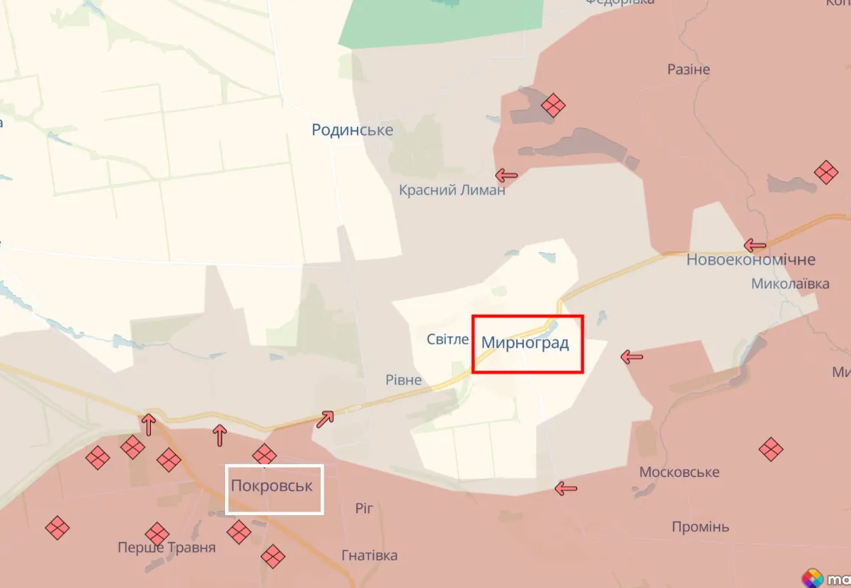 Ukraińska mapa od DeepState okolic Mirnogradu.