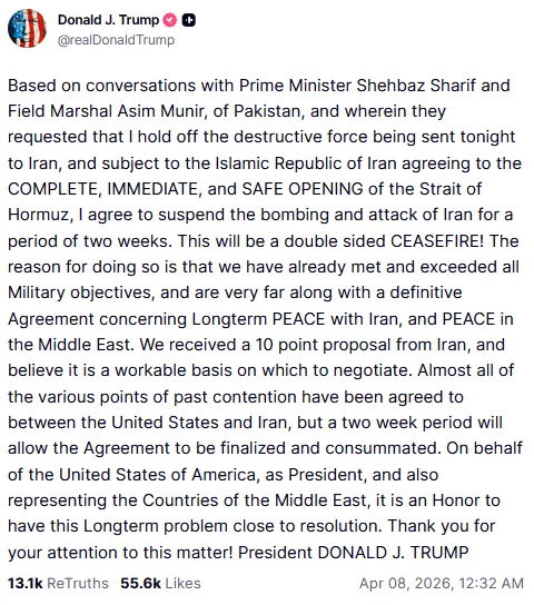 Wpis Donalda Trump na platformie Truth Social