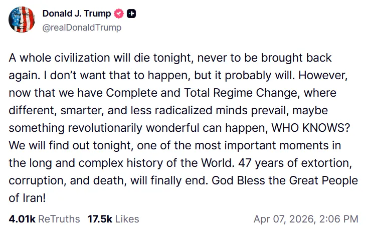 Wpis Donalda Trumpa na platformie Truth Social