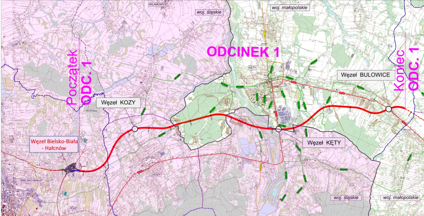 Mapa przebiegu BDI od Bielska-Białej do Bulowic