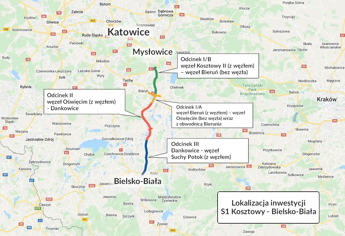 Lokalizacja inwestycji S1 Kosztowy - Bielsko-Biała
