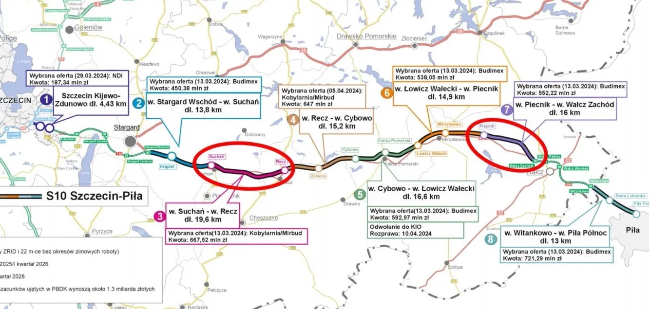 S10 Szczecin - Piła, podział na zadania do realizacji