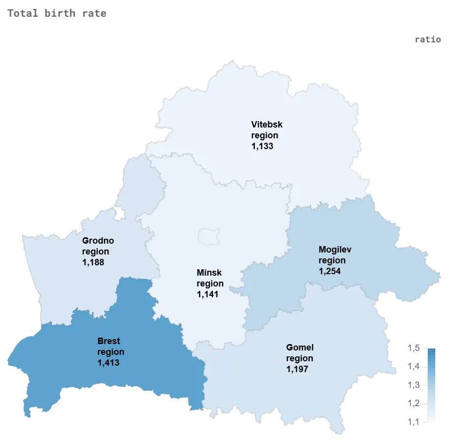 Dzietność na Białorusi w 2024 roku według regionów.