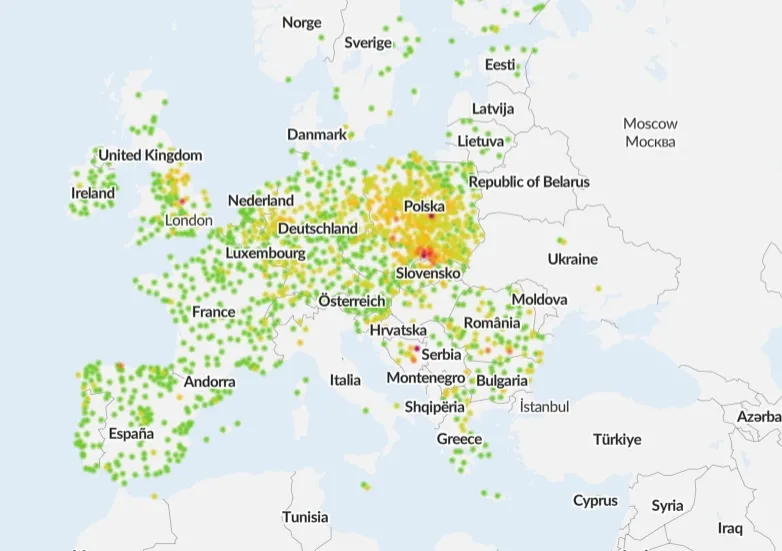 airly - jakość powietrza w europie na 9.11.25 (poranek)