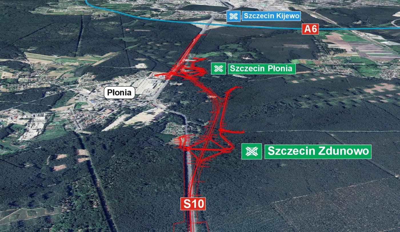 Wizualizacja przebiegu S10 szczecin Kijew-Zdunowo