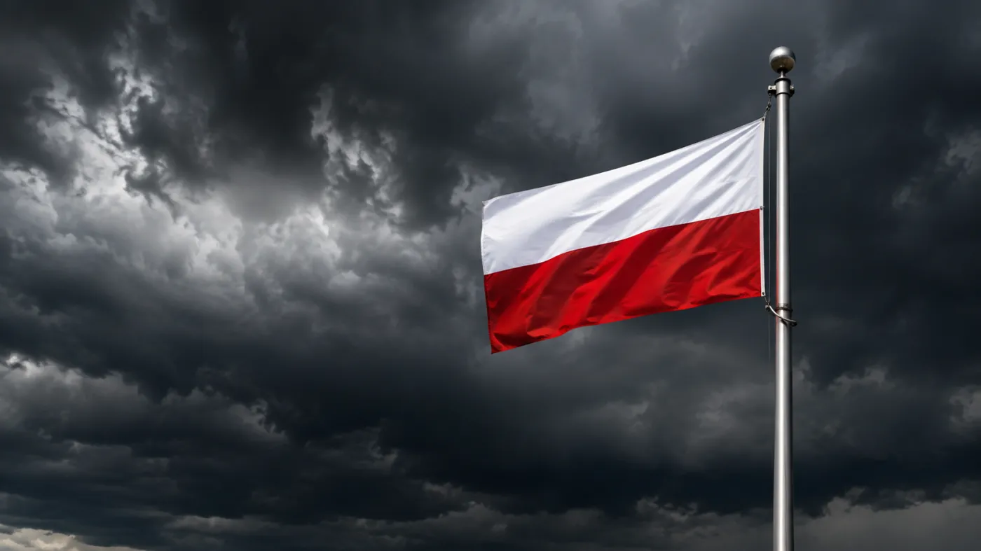 Polska flaga na tle burzowych chmur