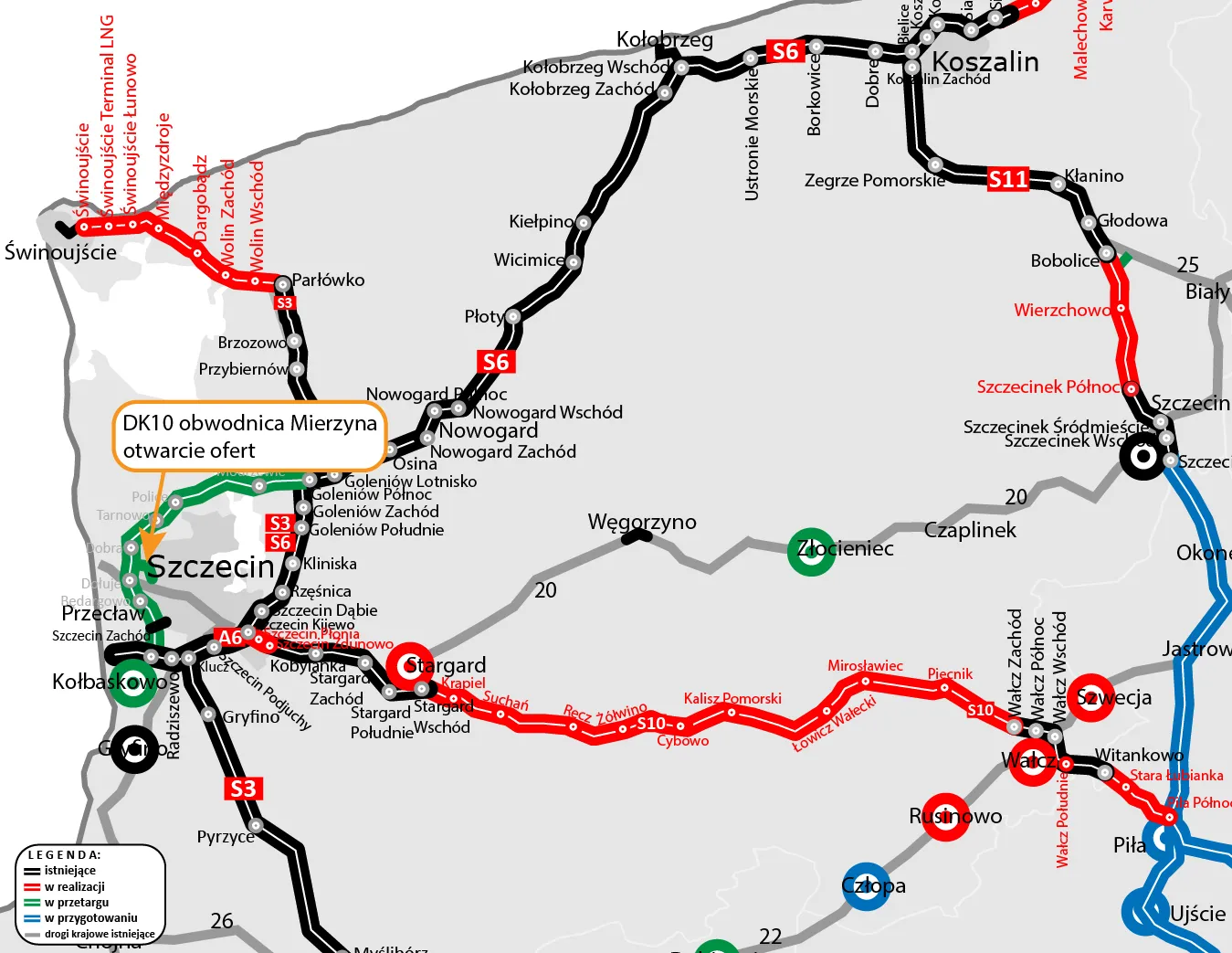Mapa województwa z lokalizacją obwodnicy Mierzyna