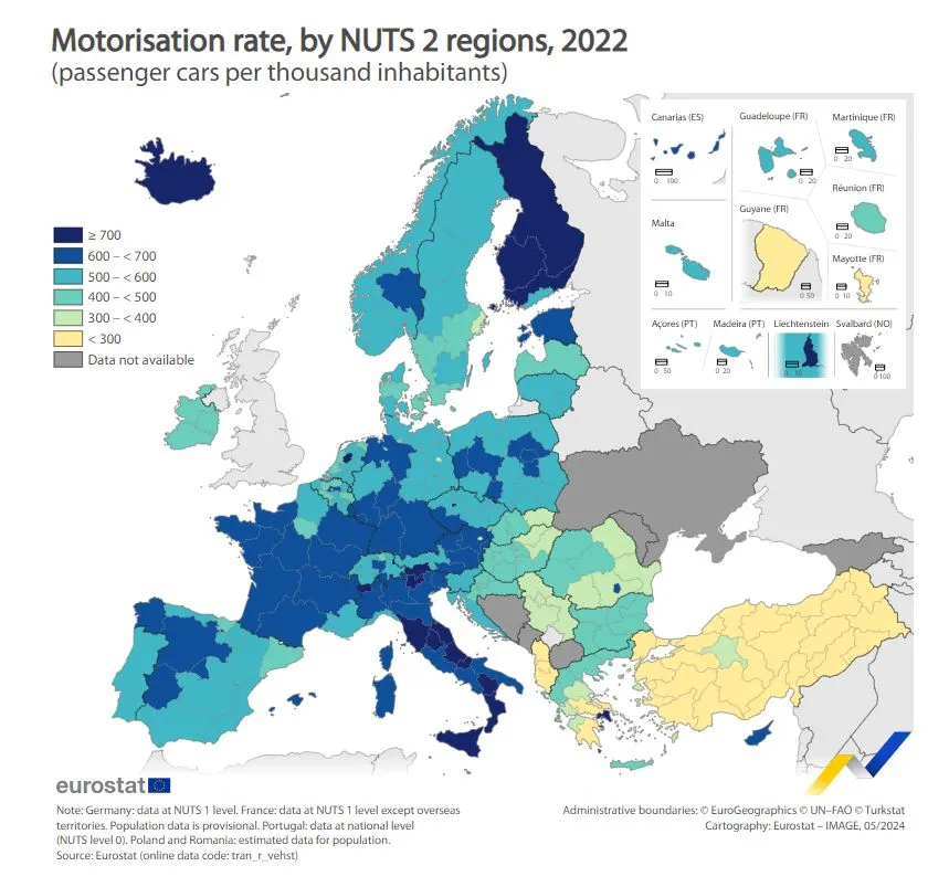 Liczba samochodów na 100 tys. mieszkańców w regionach