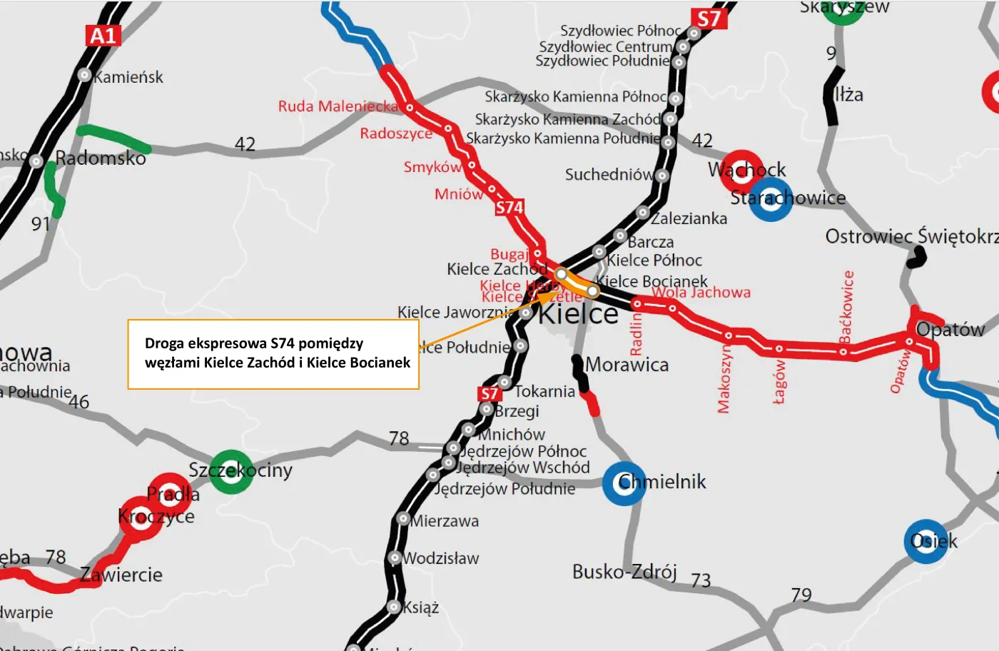 S74 odcinek Kielce Zachód - Kielce Bocianek - lokalizacja