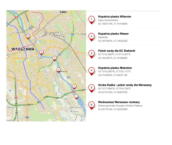 Mapa warszawskiego odcinka z zaznaczanymi kopalniami
