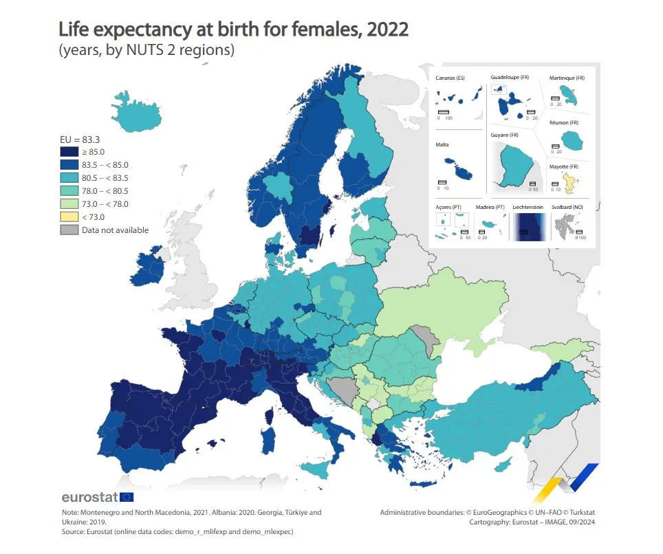 Oczekiwana długość życia kobiet w regionach UE w 2022 r.