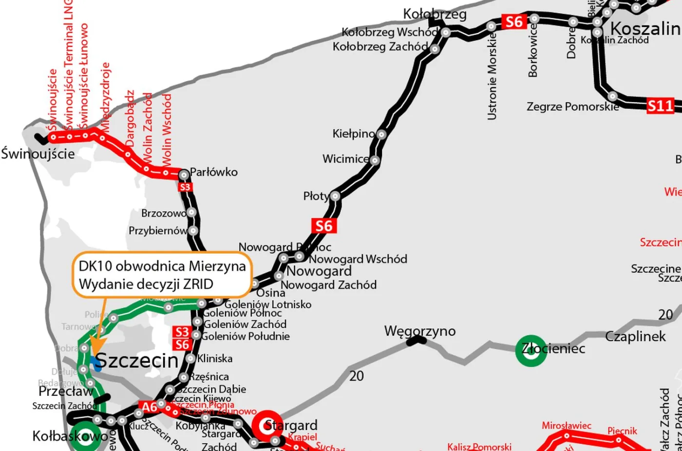 Mapa z zaznaczoną lokalizacją obwodnicy Mierzyna na DK10