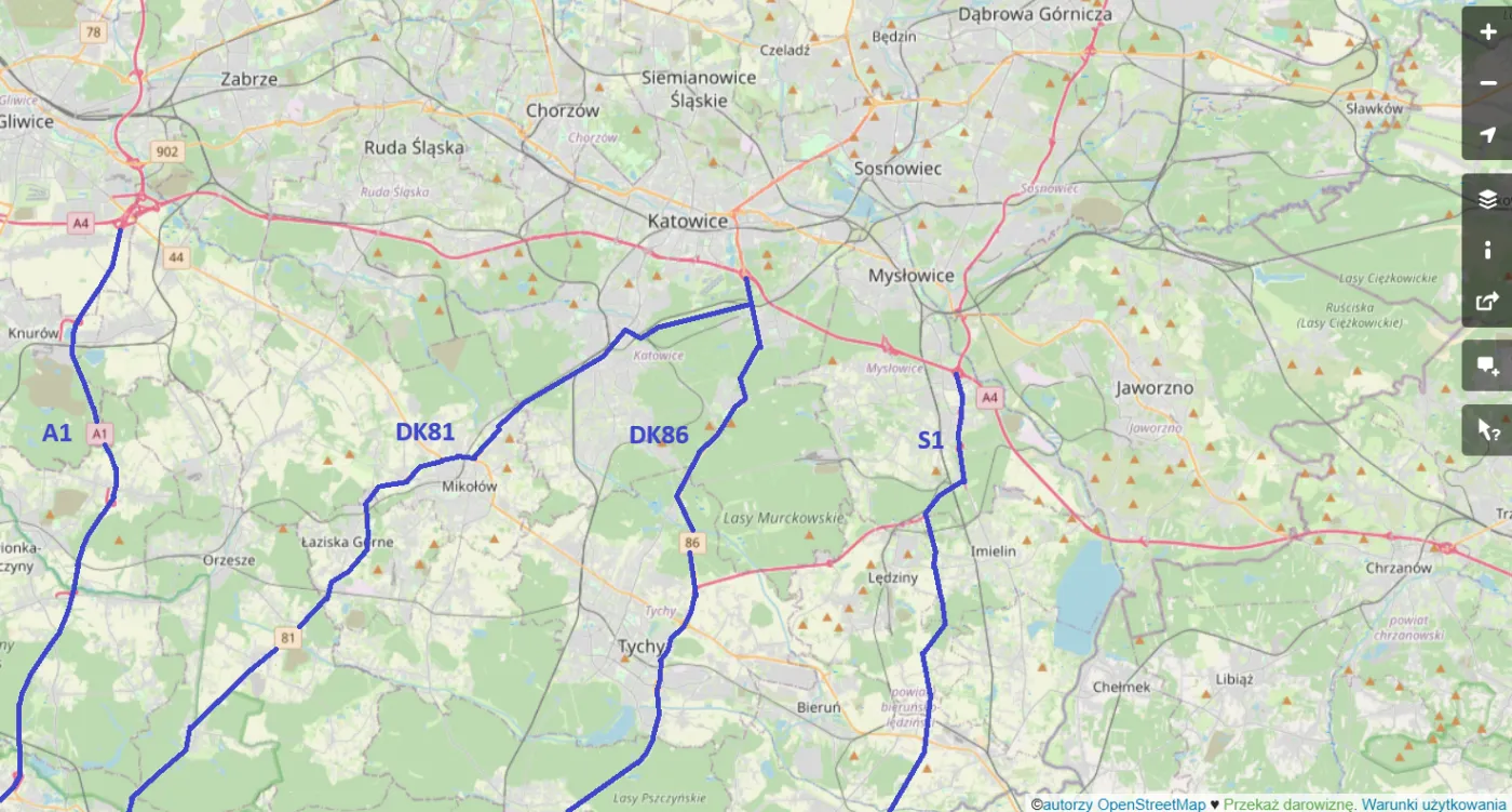Mapa GOP z zaznaczonymi drogami prowadzącymi na południe