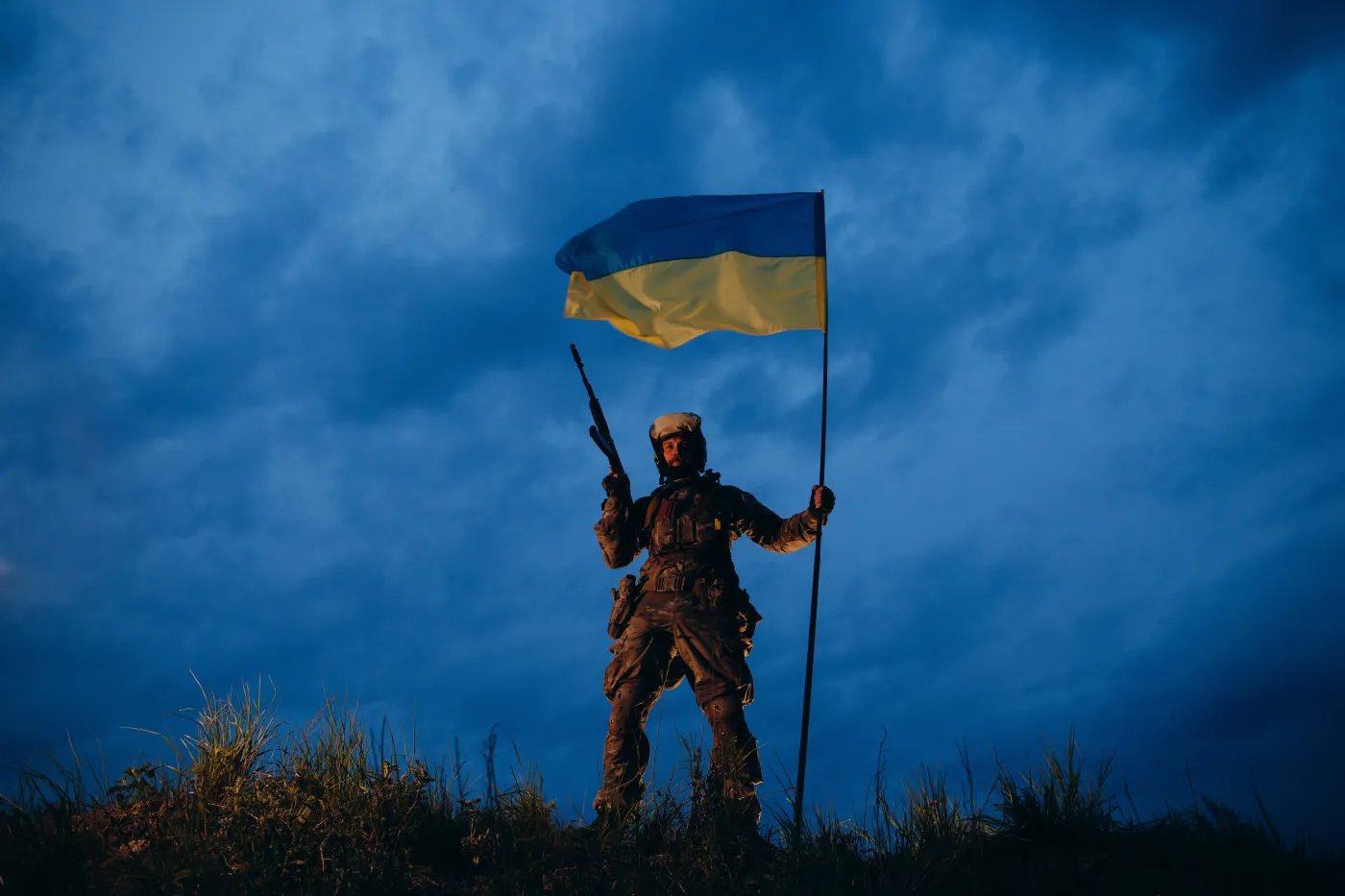 An,Evening,Portrait,Of,Ukrainian,Soldier,With,Rifle,And,Natioal