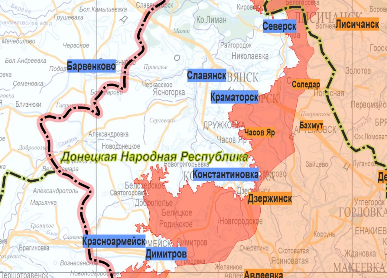 Tereny zajete w 2025 r. w doniecku według rosyjskiego MON