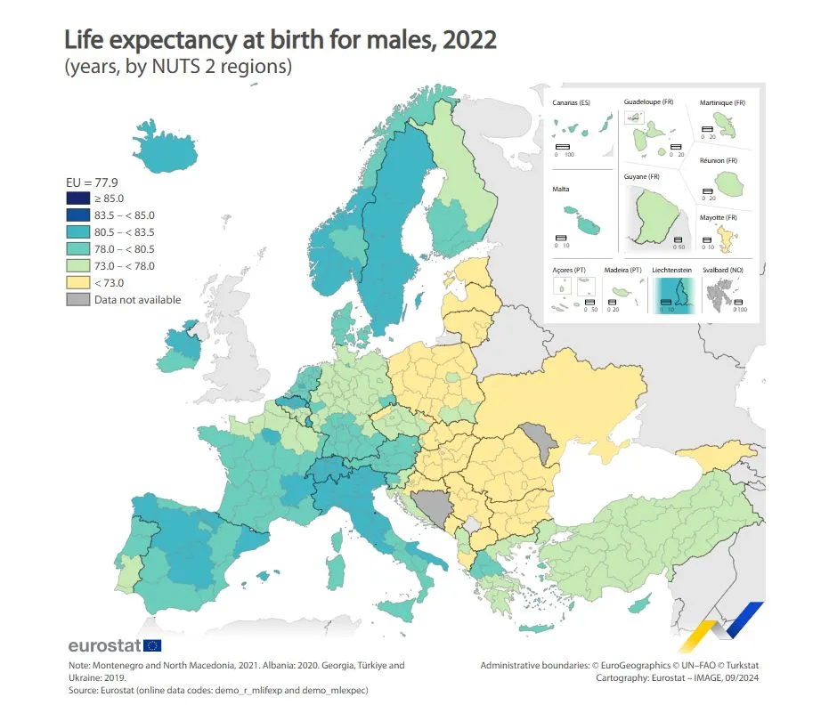 Oczekiwana długość życia mężczyzn w regionach UE w 2022 r