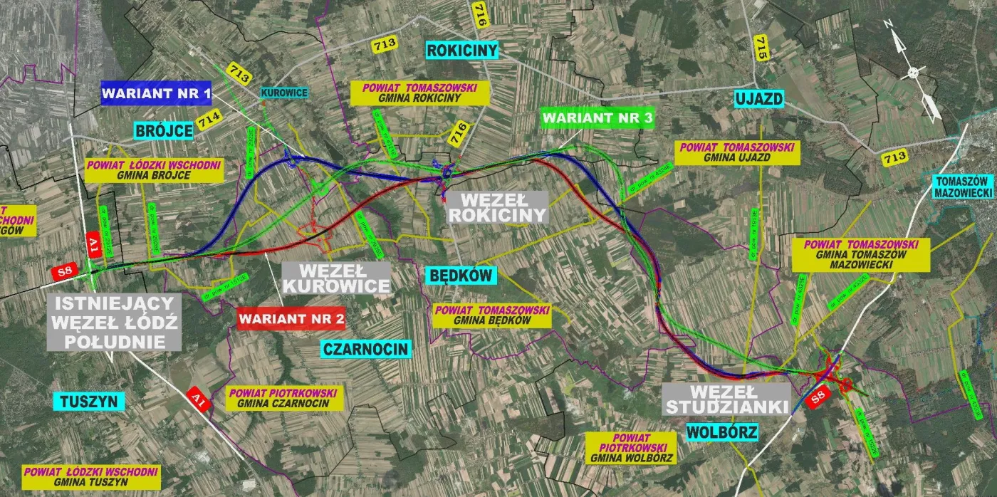 Odcinek A, od węzła Łódź Południe (A1) do węzła Studzianki (S8)