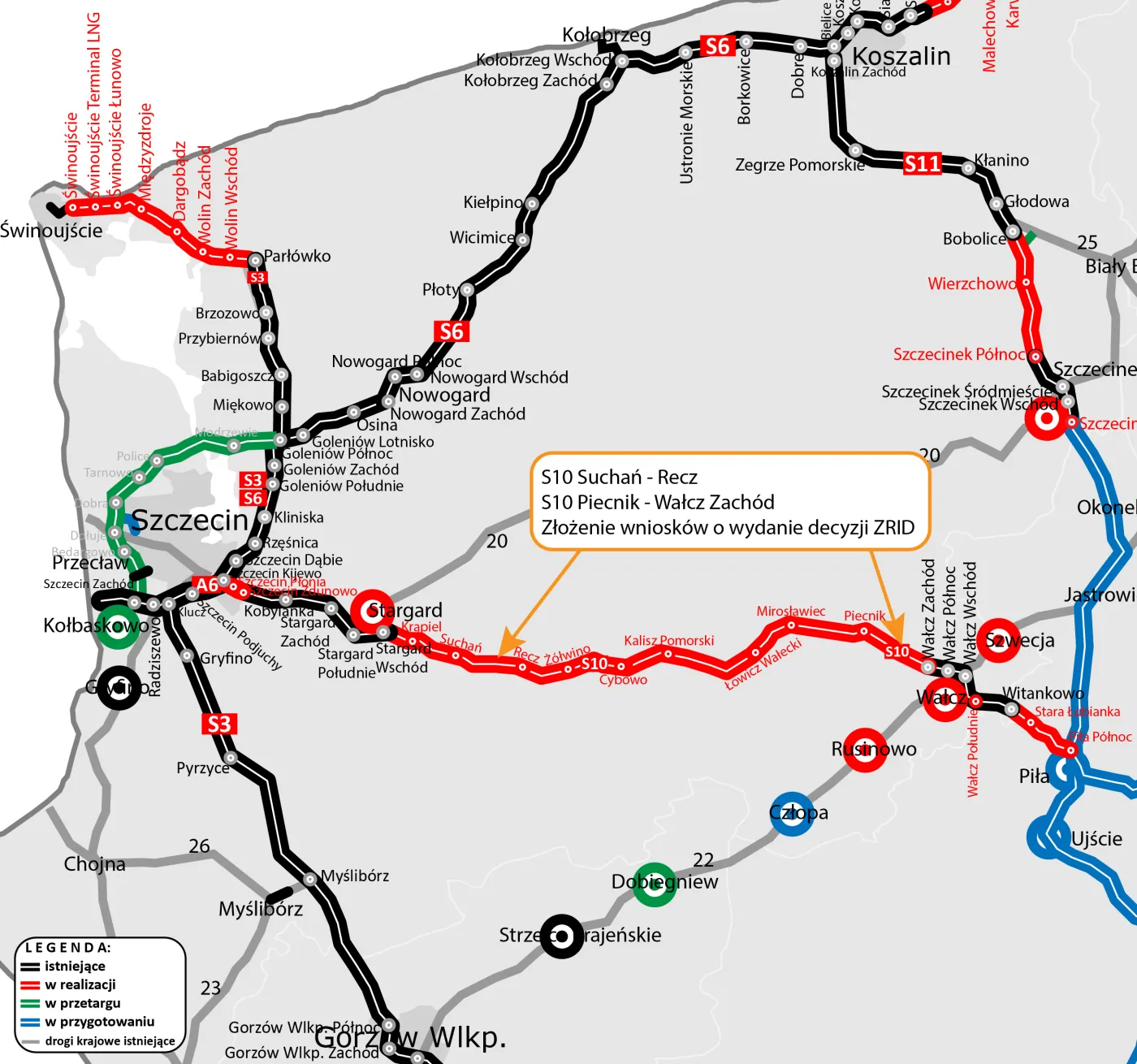Mapa przedstawiająca lokalizację realizowanych odcinków S10