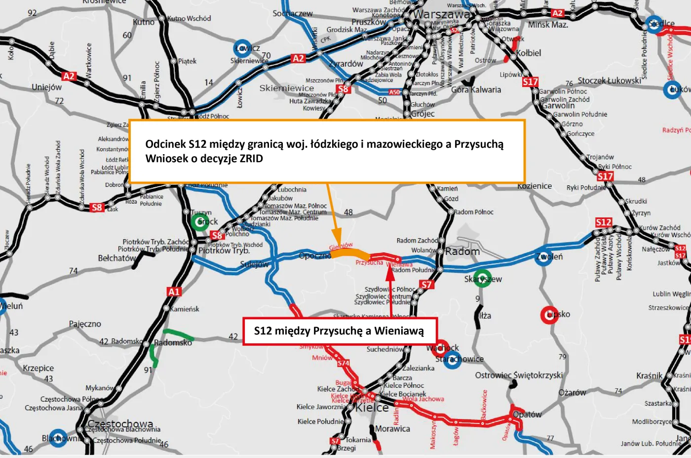 S12 - dwa odcinki pomiędzy Piotrkowem Trybunalskim i Radomiem