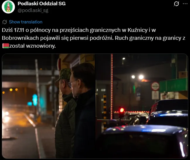 Podlaski Oddział SG informuje o wznowieniu ruchu na granicy.
