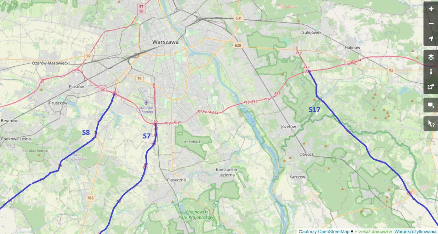 Mapa Warszawy z zaznaczonymi drogami prowadzącymi na południe