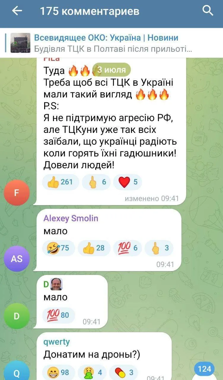 Komentarze w sieci telegram pod informacjami o atakach na TCK