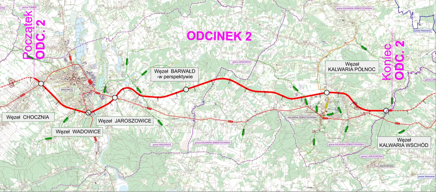 Mapa przebiegu S52 (BDI) od Choczni do Kalwarii Zebrzydowskiej
