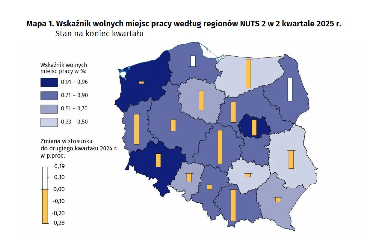 Wskaźnik wolnych miejsc pracy wg regionów w II kwartale 2025 r.