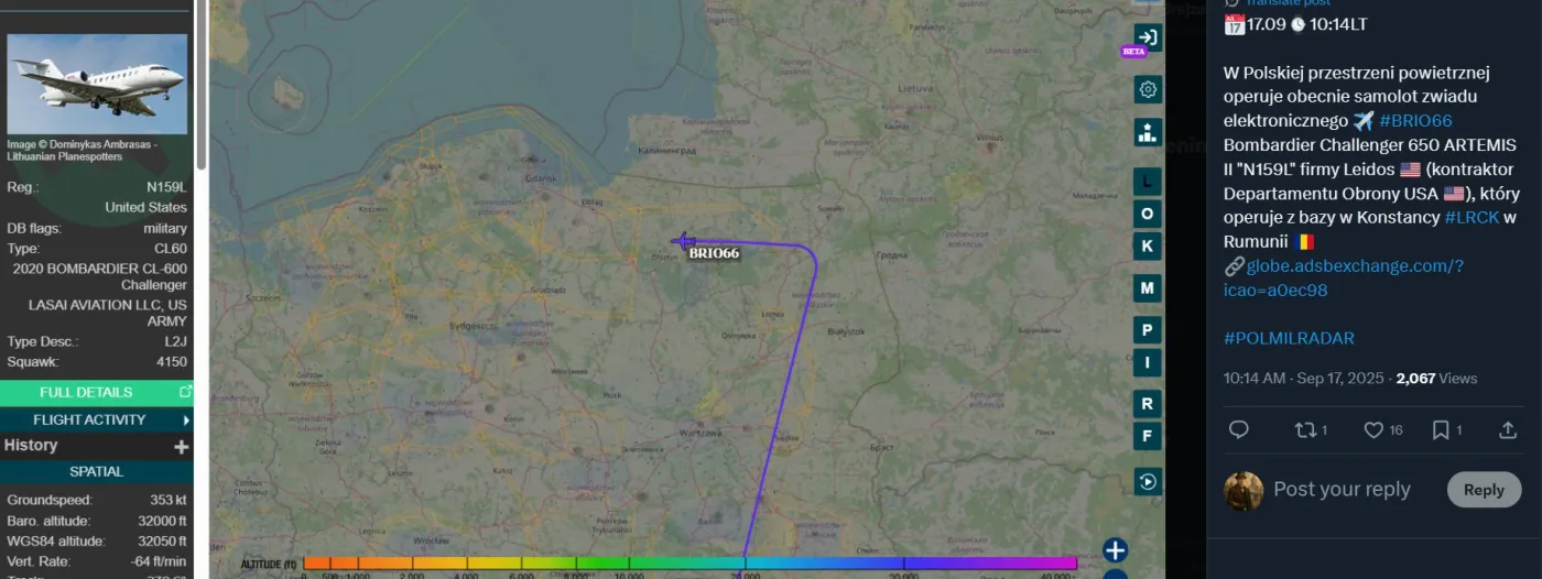 Typowy wpis na x.com opisujący misję samolotu NATO nad Polską