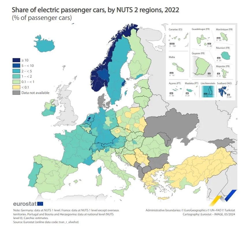 Udział samochodów elektrycznych o ogólnej liczbie aut w regionach