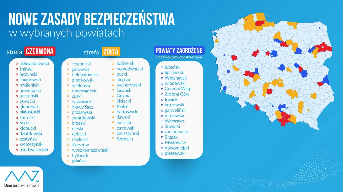Jest nowa lista powiatów w czerwonej i żółtej strefie. Warszawa zagrożona