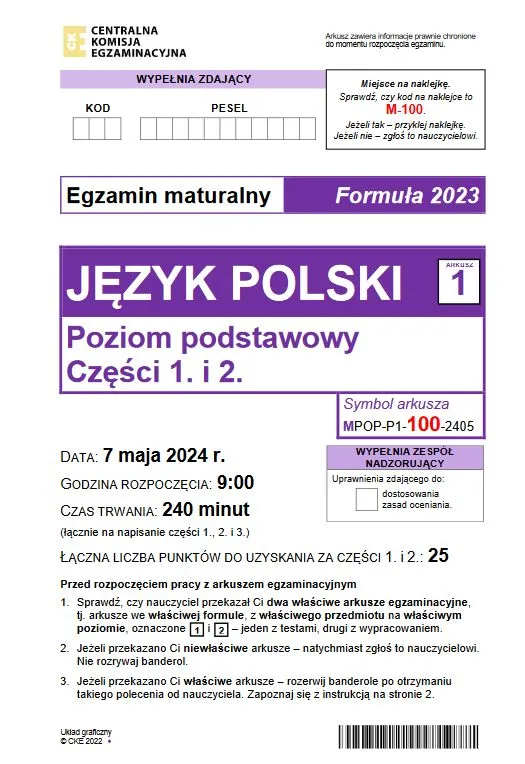 Matura 2024. Arkusz CKE z polskiego. TEST. Formuła 2023 (pierwsza strona)