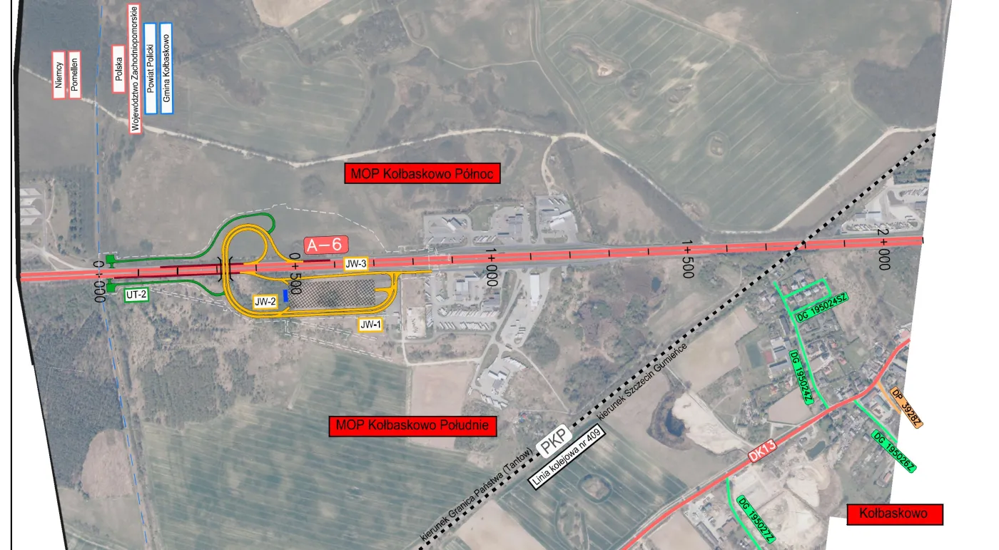 Plan orientacyjny infrastruktury na granicznym odcinku autostrady A6