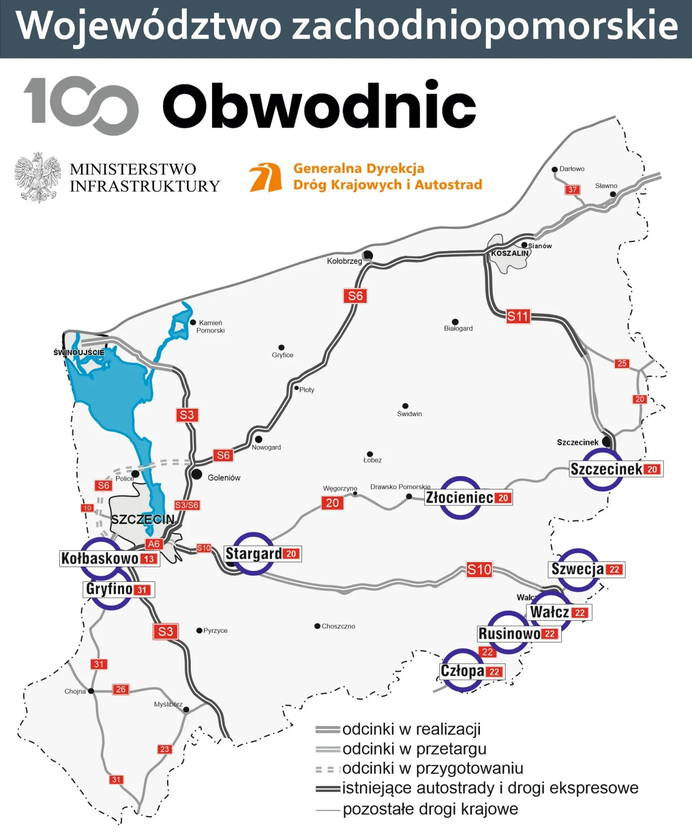 Mapa inwestycji z Programu budowy 100 obwodnic w Zachodniopomorskim