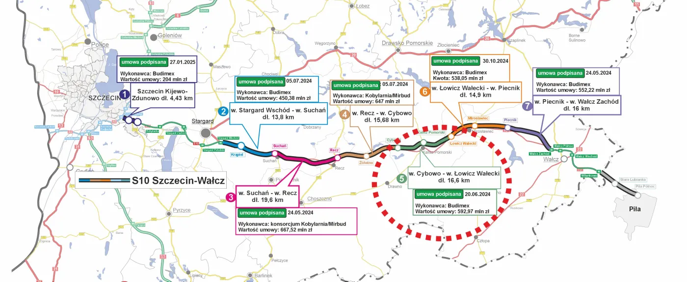 Mapa odcinków drogi S10 z zaznaczeniem odcinka Cybowo-Łowicz Wałecki