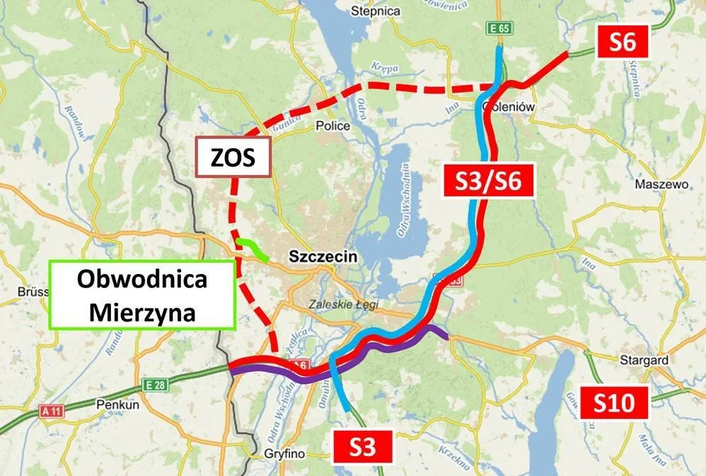 Lokalizacja obwodnicy Mierzyna oraz Zachodniej Obwodnicy Szczecina