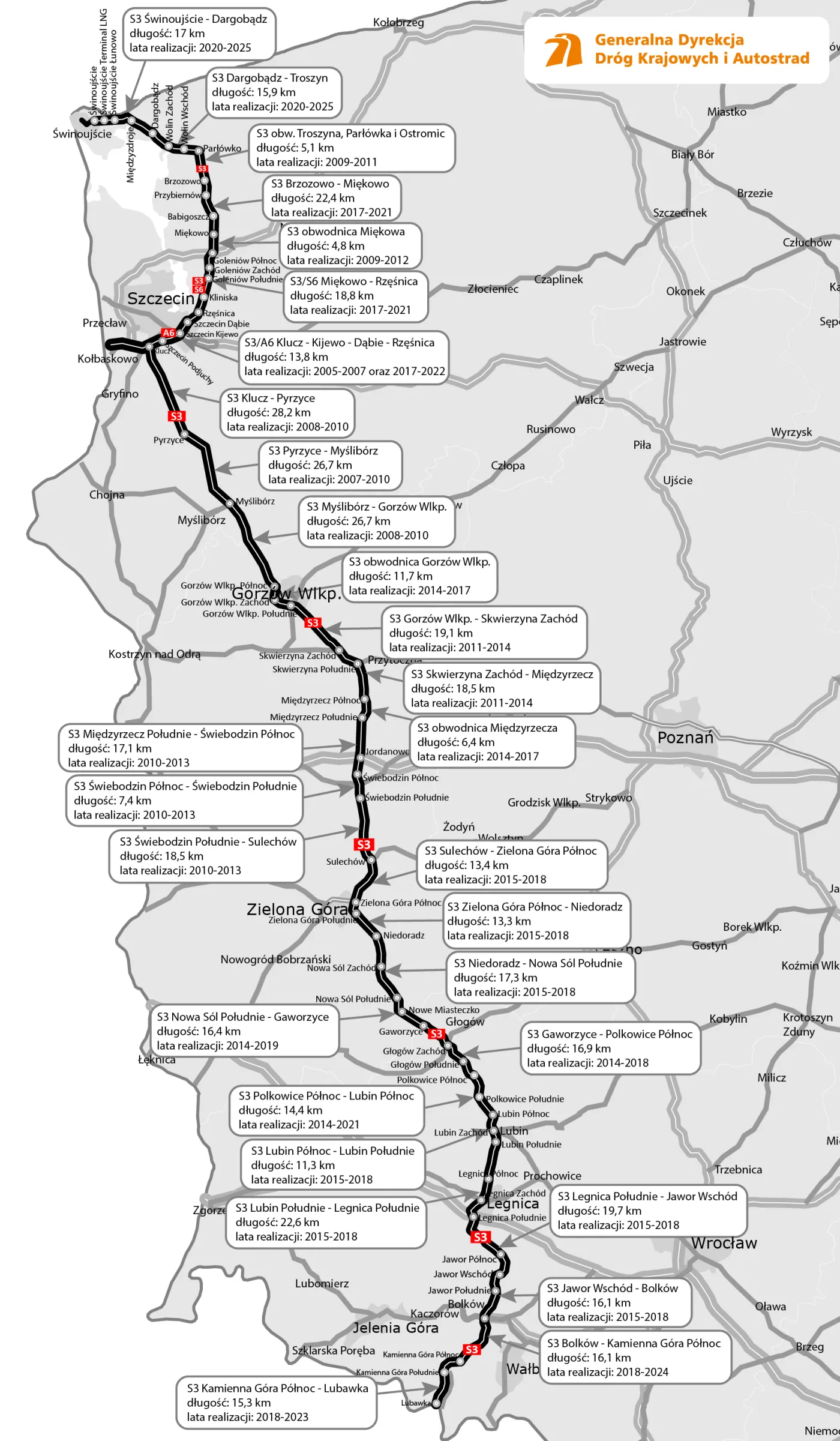 Mapa pokazująca wszystkie odcinki realizacyjne drogi ekspresowej S3