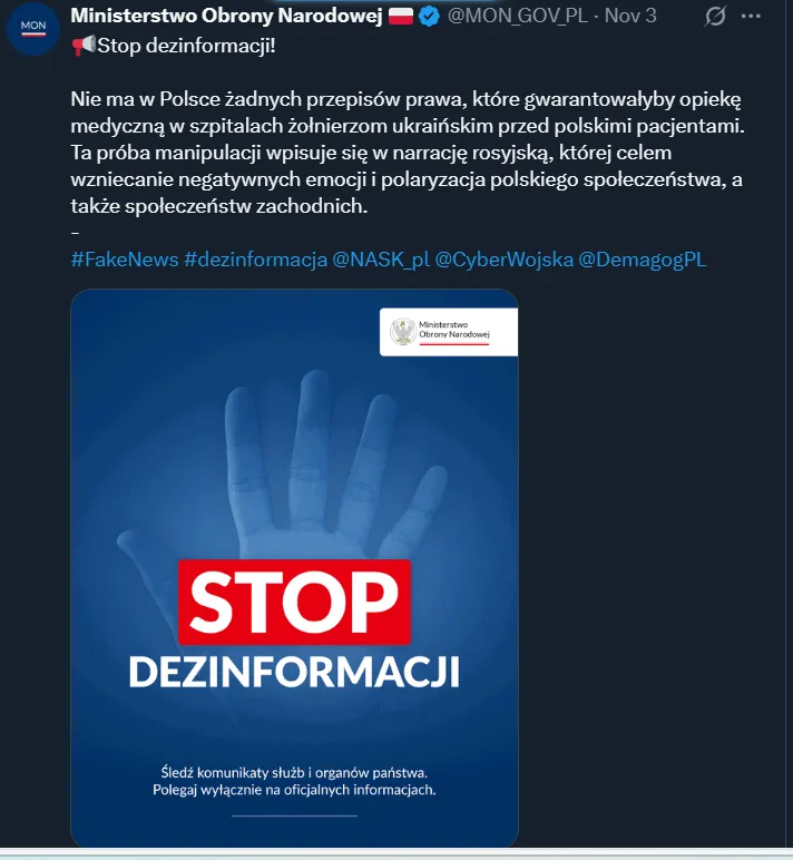 Odpowiedź MON na dyskusje o leczeniu ukraińskich żołnierzy w Polsce