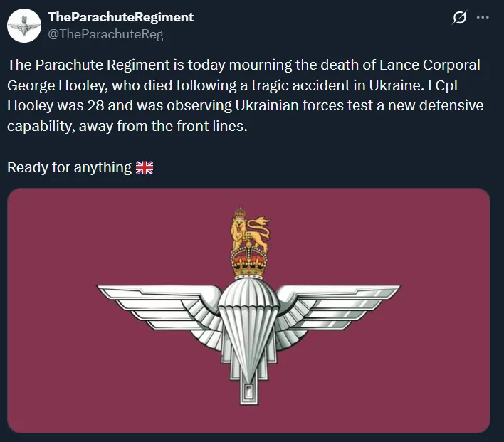 Kondolencje ze strony jednostki w której służył brytyjski żołnierz.