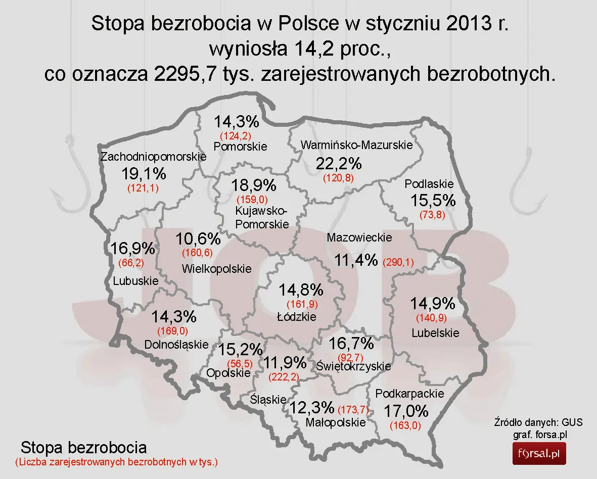 GUS: Bezrobocie w województwach – styczeń 2013 (MAPA)