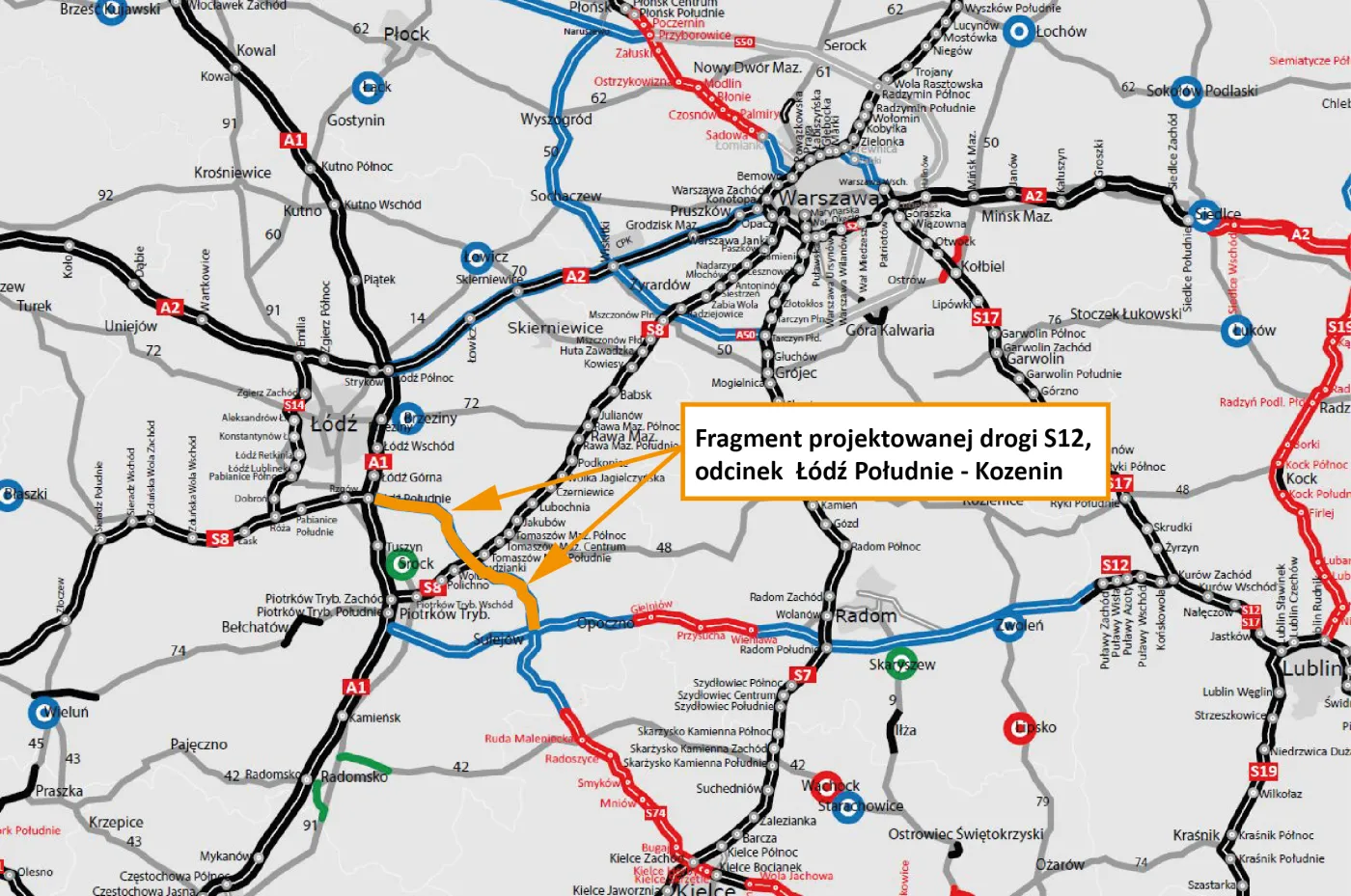 Przedłużenie drogi ekspresowej S12, odcinek Łódź Południe - Kozenin - mapa