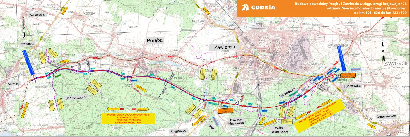 Plan liniowy budowy I odcinka obwodnicy Poręby i Zawiercia w ciągu DK78