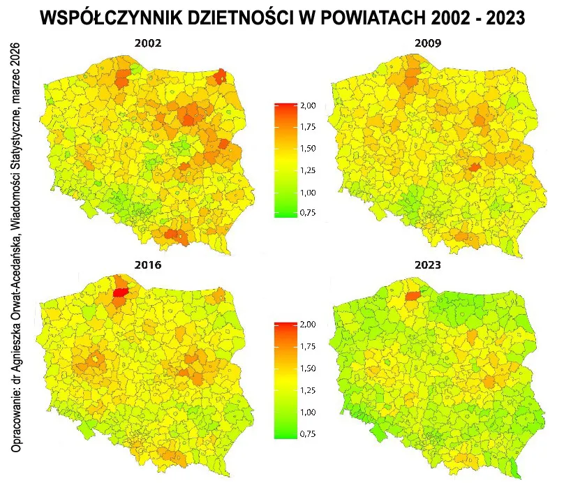Demografia Polski: Współczynnik dzietności w powiatach w latach 2002-2023.