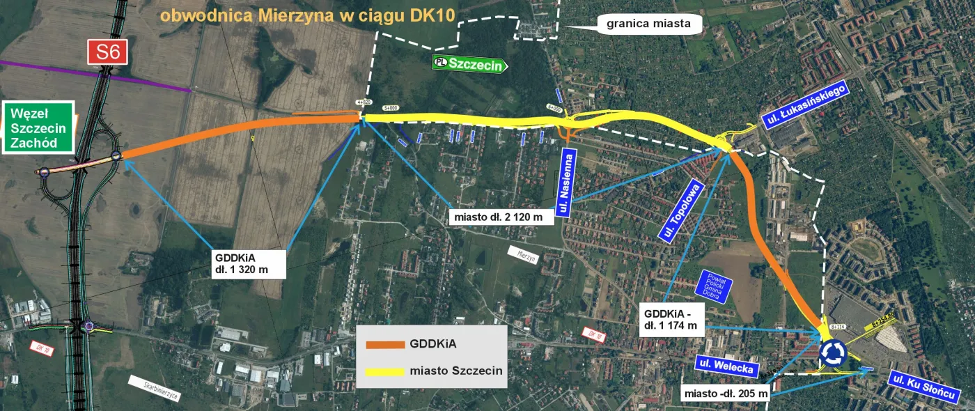 Mapa z zaznaczonym podziałem odpowiedzialności obwodnicy Mierzyna DK10