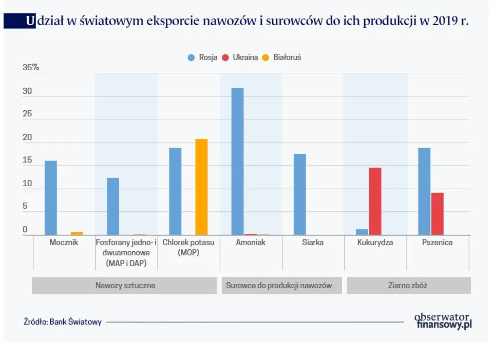 Udział w światowym eksporcie nawozów i surowców do ich produkcji w 2019 r