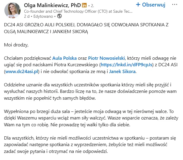 Wpis z LinkedIN z którego dowiadujemy się o sytuacji wokół tego spotkania.
