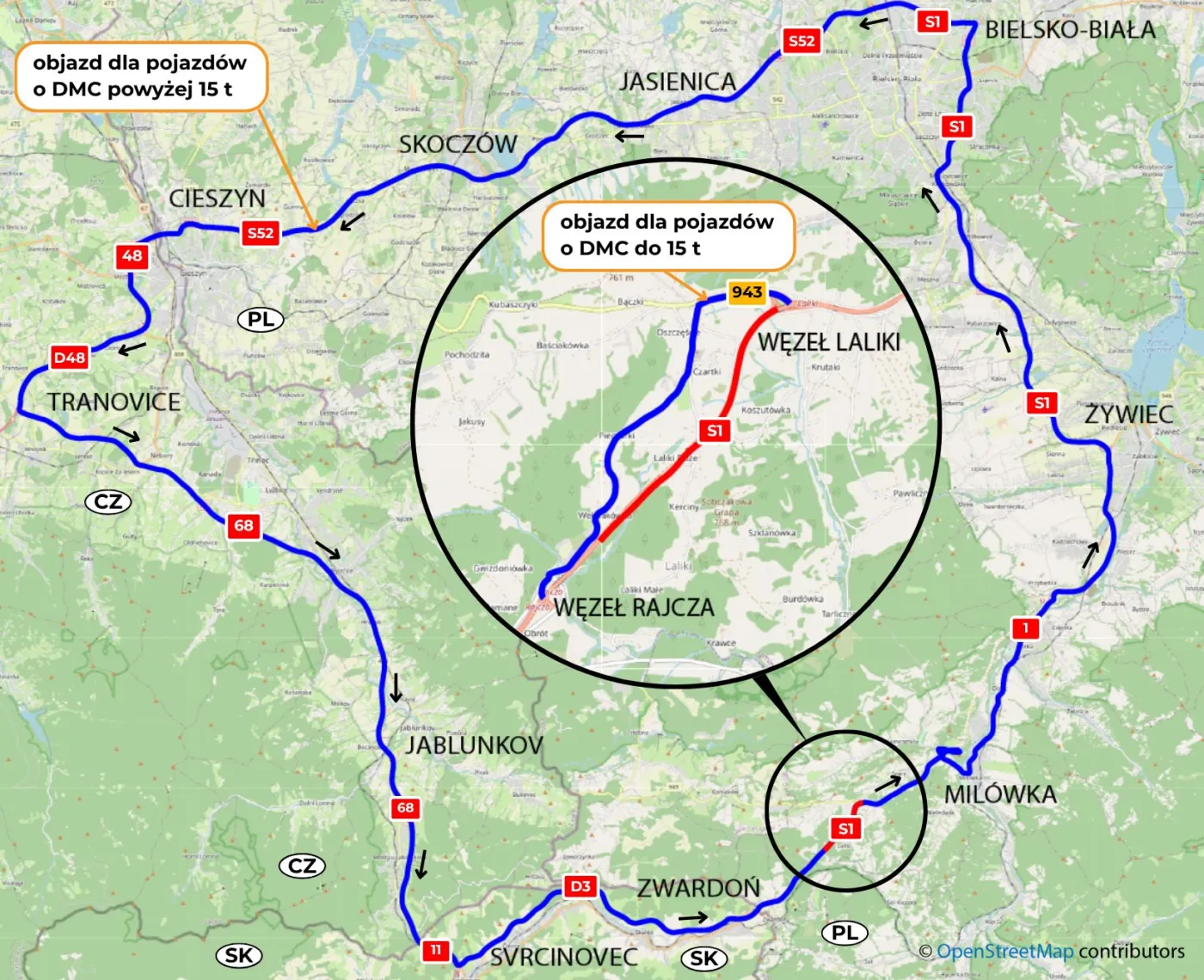 Graficzne przedstawienie objazdu na czas zamknięcia tunelu Emilia w Lalikach