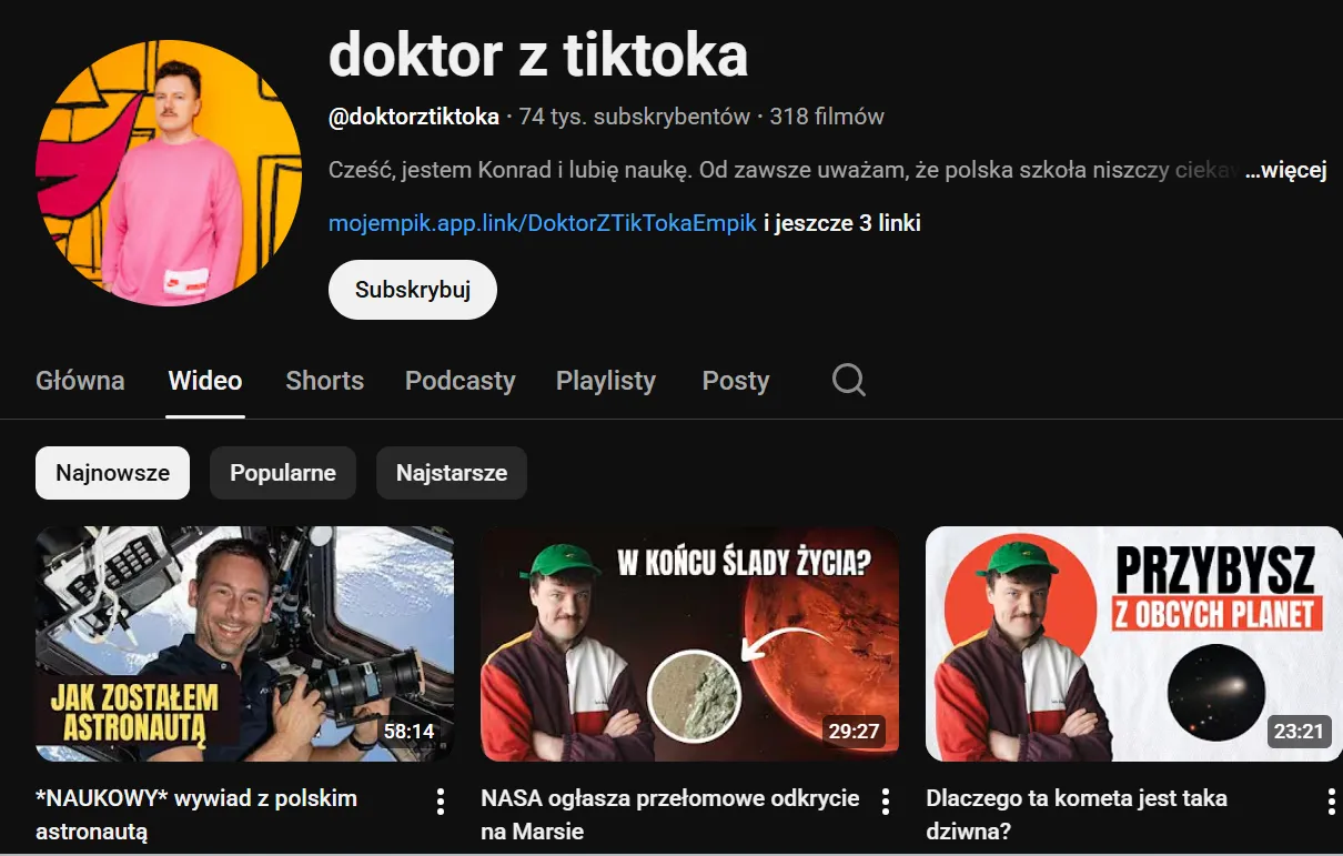 doktor z tikotka ma także aktywny profil na Youtube. Pełen edukacyjnych treści.