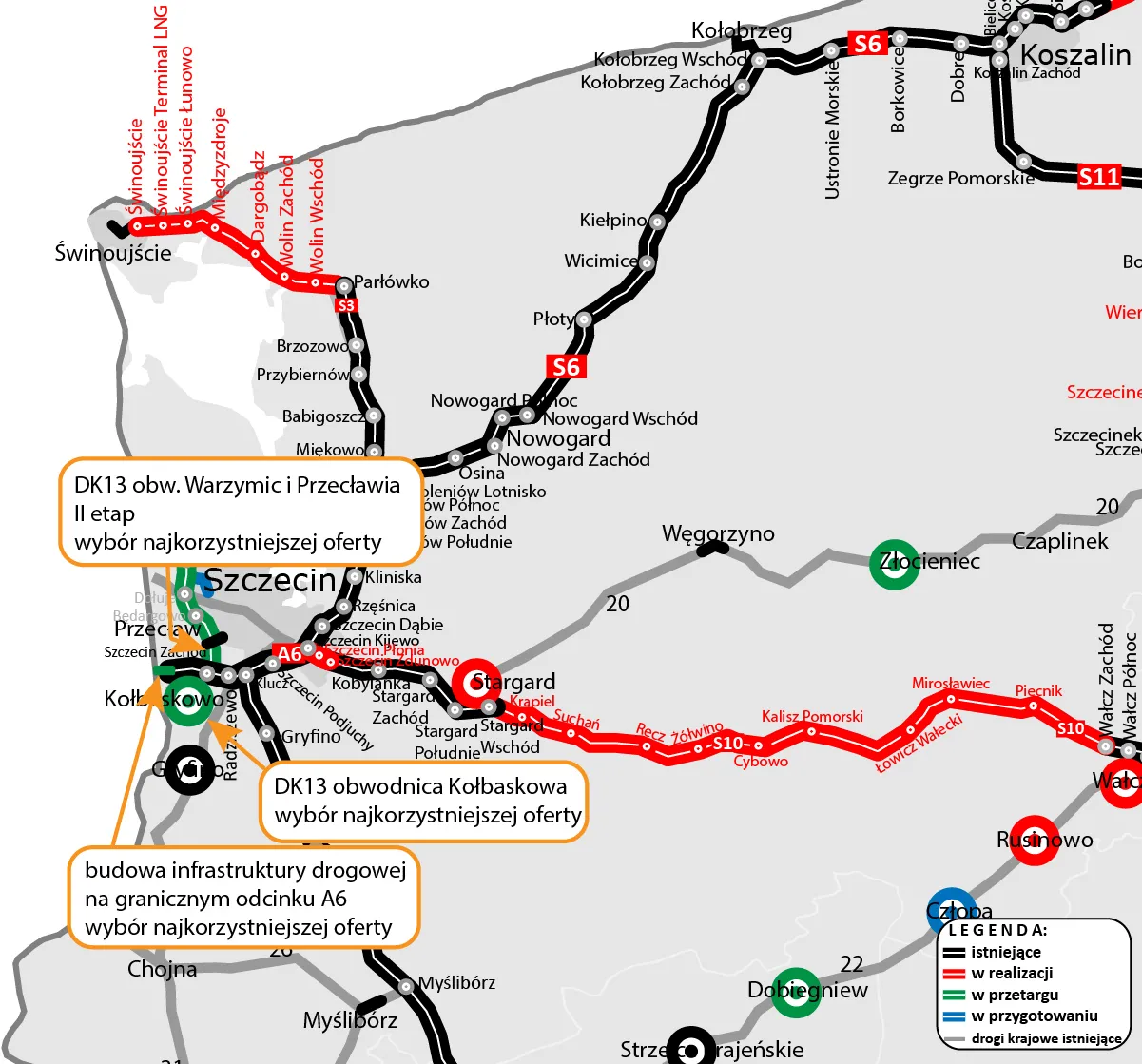 Mapa z lokalizacją zadań inwestycyjnych II etapu obwodnicy Przecławia i Warzymic